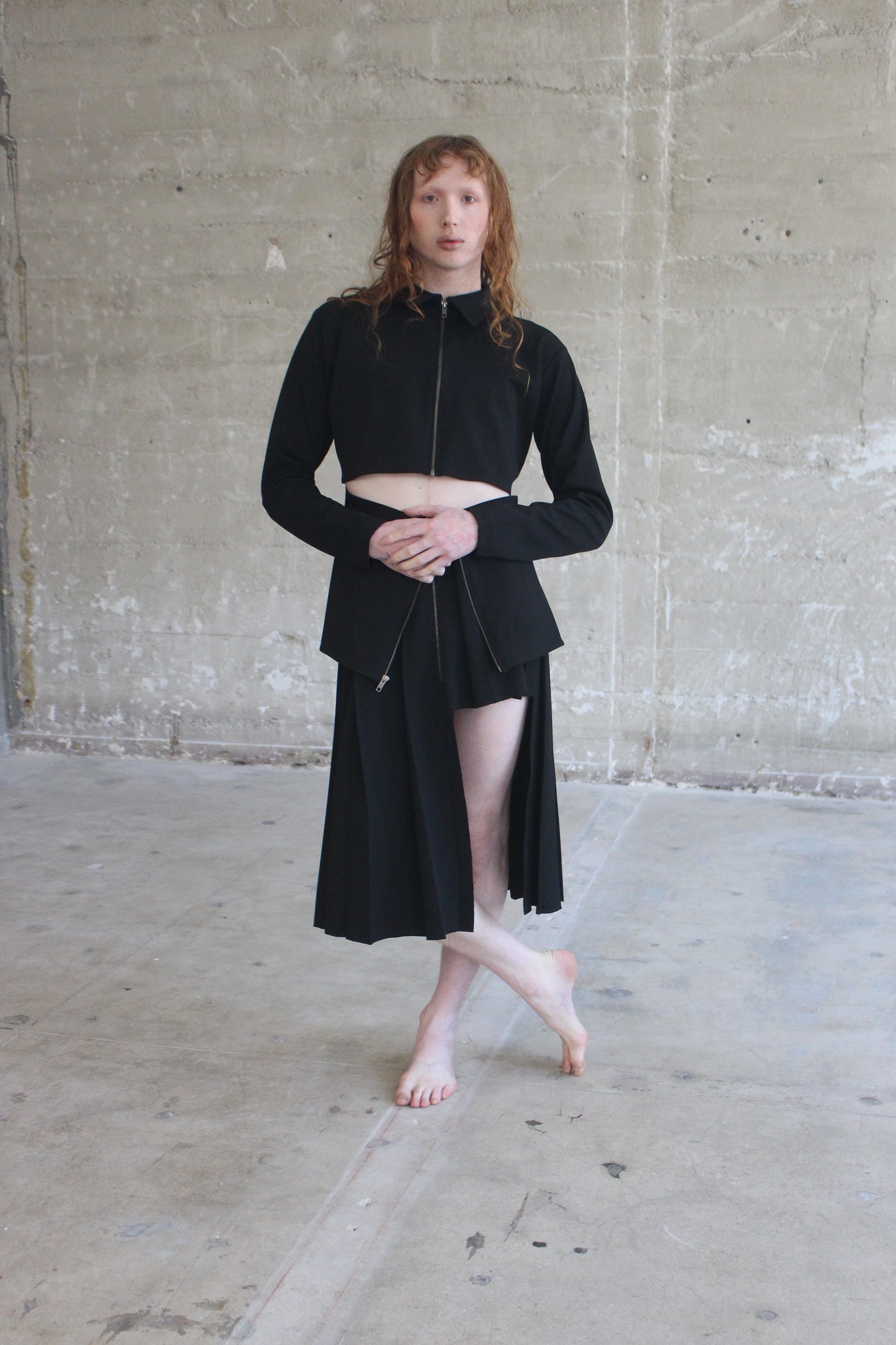black jacket pleated skirt