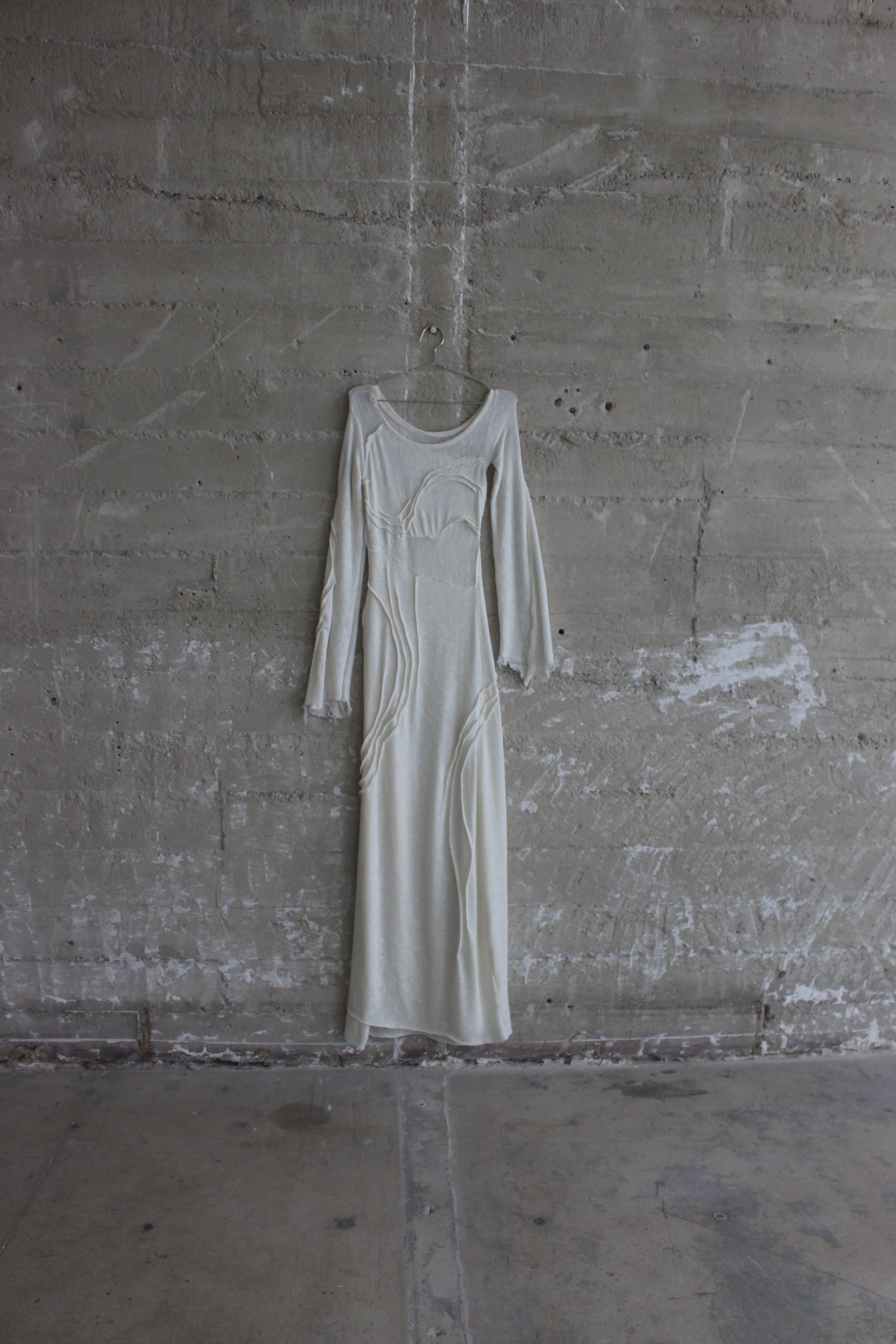 handmade emerging designer in los Angeles, knit white gown, gothic bridal