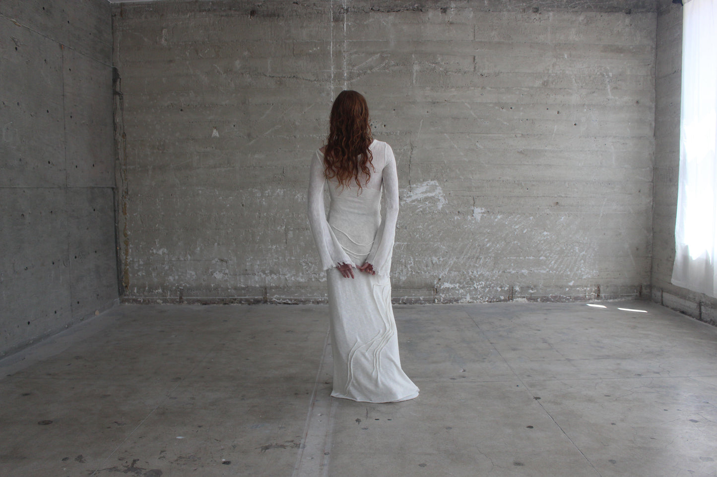 handmade emerging designer in los Angeles, knit white gown, gothic bridal
