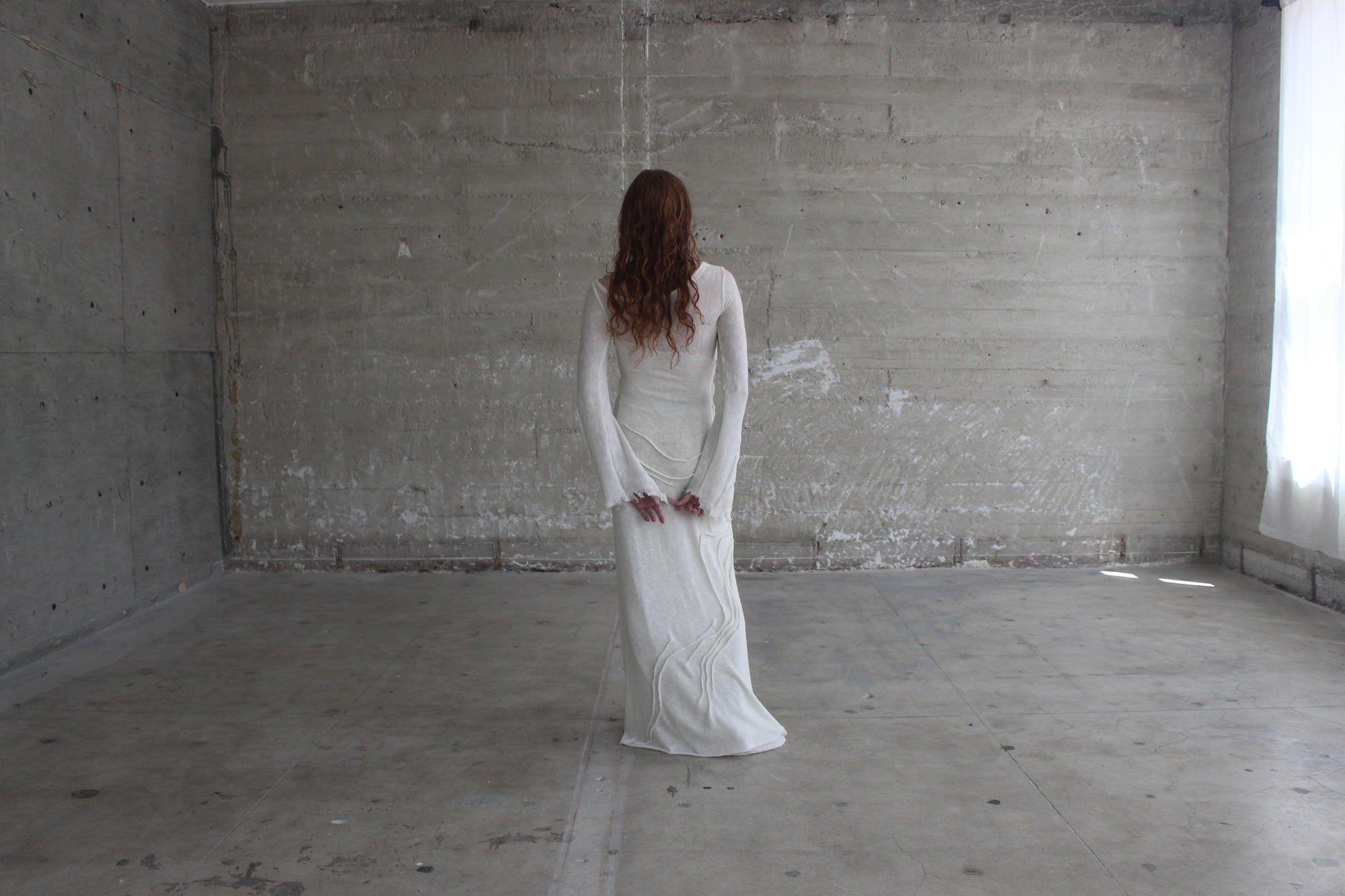 handmade emerging designer in los Angeles, knit white gown, gothic bridal
