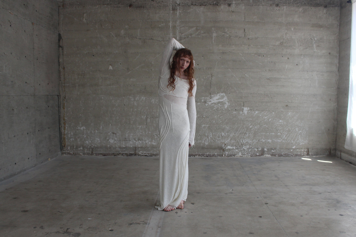 handmade emerging designer in los Angeles, knit white gown, gothic bridal