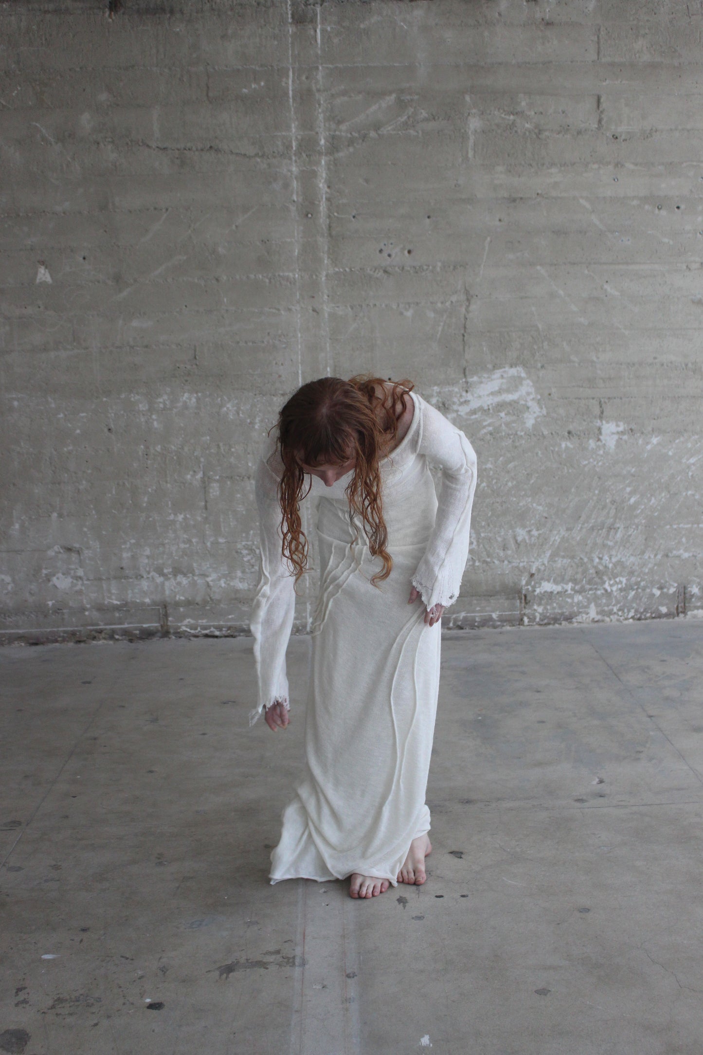 handmade emerging designer in los Angeles, knit white gown, gothic bridal