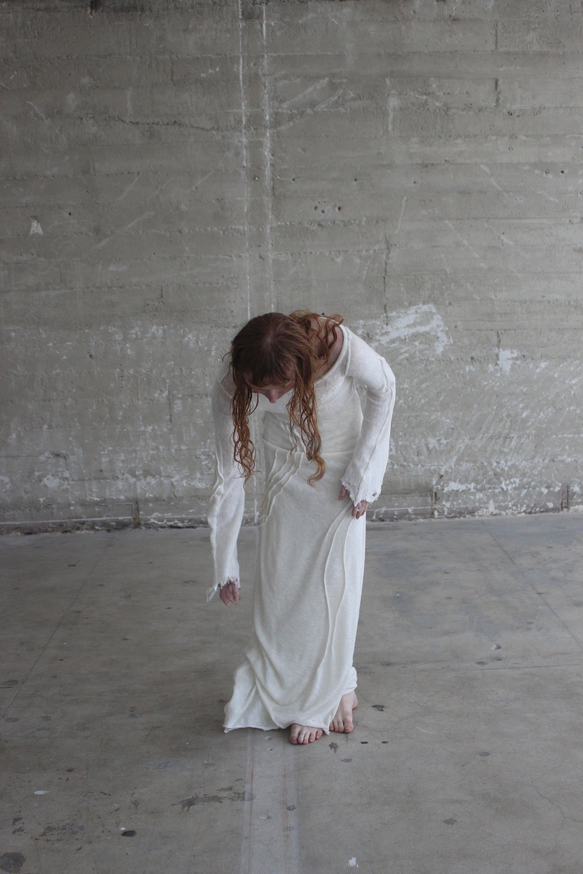 handmade emerging designer in los Angeles, knit white gown, gothic bridal