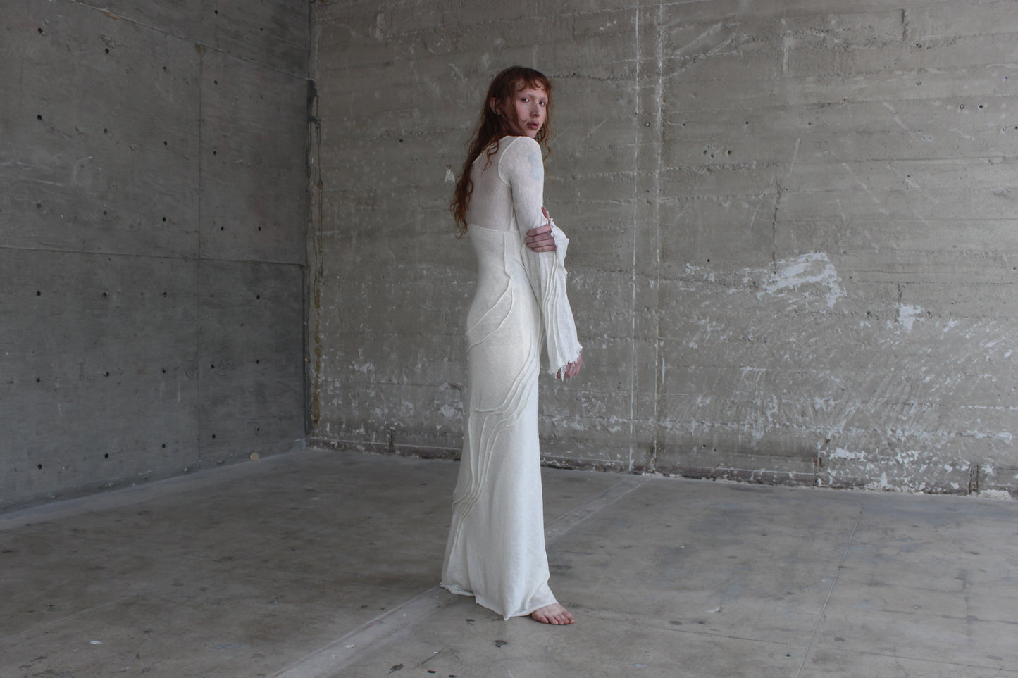 handmade emerging designer in los Angeles, knit white gown, gothic bridal