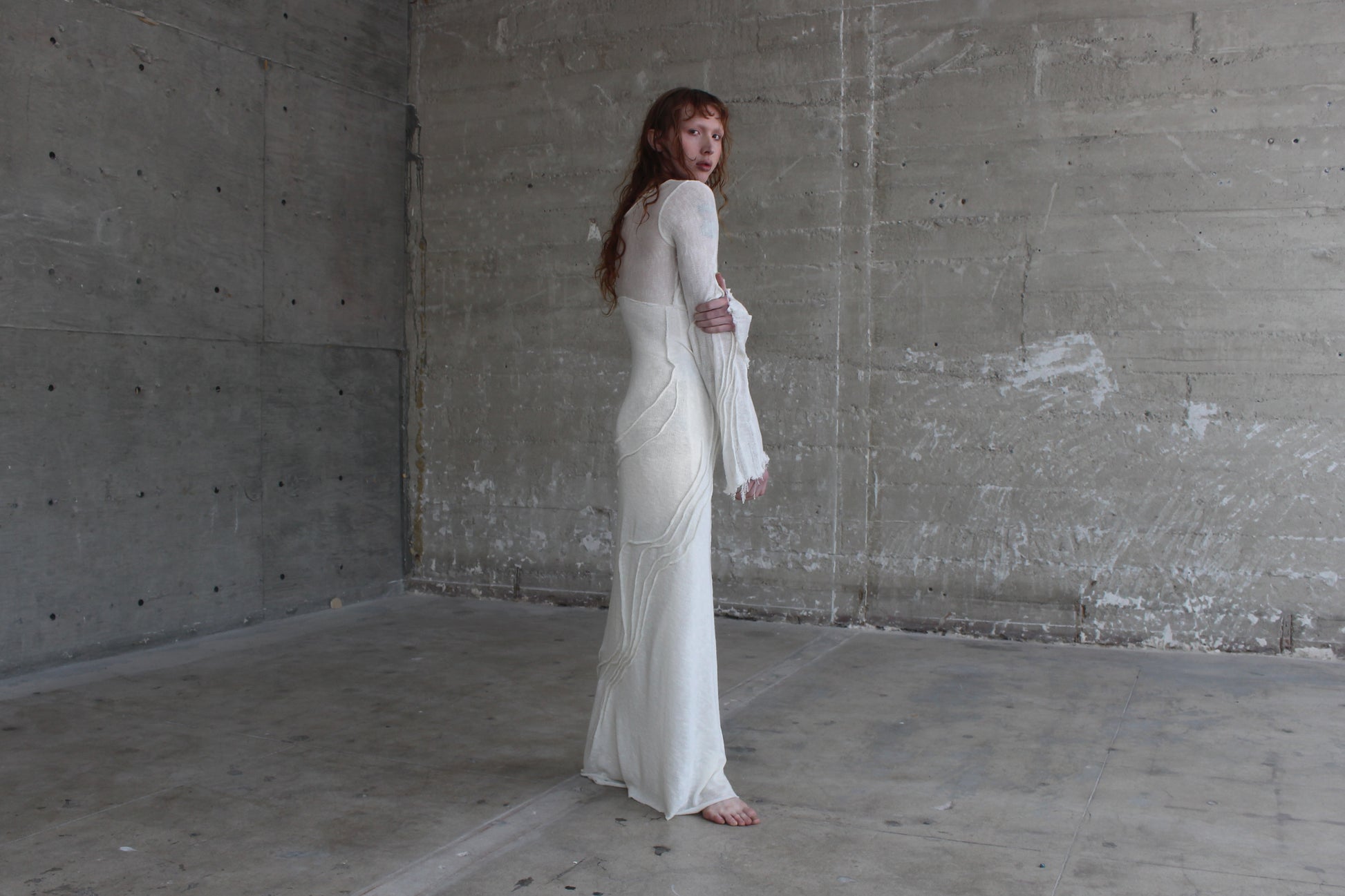 handmade emerging designer in los Angeles, knit white gown, gothic bridal